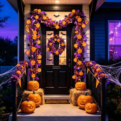Halloween Tinsel Garland 6.5Ft 2-Pack Orange Purple Pumpkin Spider Bat Decor
