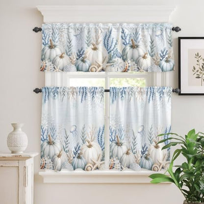Light Blue Coastal Farmhouse Kitchen Curtains Set - 3 Pieces, 54 x 36 Inches