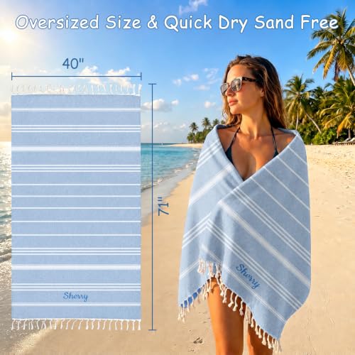 Personalized Turkish Beach Towel Light Blue 40x71 Inch Custom Embroidered Name Summer Vacation Travel Pool Sand-Free Cotton