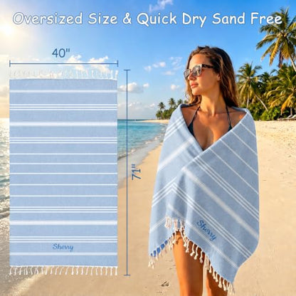 Personalized Turkish Beach Towel Light Blue 40x71 Inch Custom Embroidered Name Summer Vacation Travel Pool Sand-Free Cotton