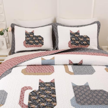 Cotton Quilt Set Full Queen Size with Cat Patchwork Design - Breathable & Reversible