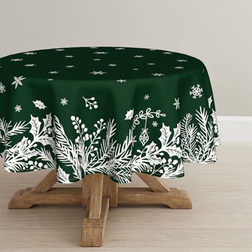 Christmas Round Tablecloth 70 x 70 Inch Floral Leaf Green - Holiday Decor