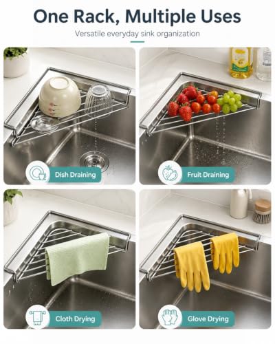 1pc Stainless Steel Corner Sink Shelf with Wire Sponge Holder & Drying Rack