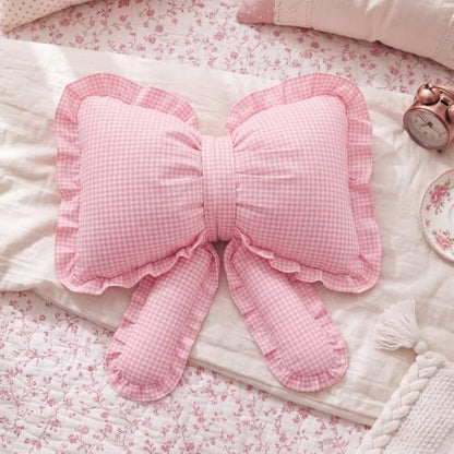 Pink Gingham Bow Pillow Ruffled Plaid Decorative Cushion - Ruffled Variation