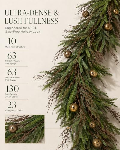9 Ft Norfolk Pine Christmas Garland with 23 Bells - Real Touch Greenery