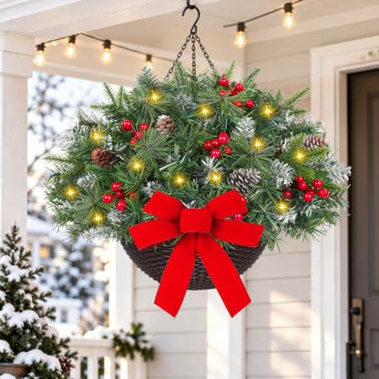 Artificial Christmas Hanging Basket with Lights and Bow - Green, 21 Inches