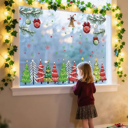Christmas Window Clings Set - 9 Sheets Red-Green Holiday Decals for Winter Decor