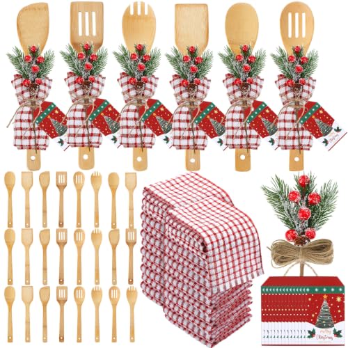 Christmas Bamboo Spatula Set - 24 Pcs with Waffle Towels & Decorations, Pink & White