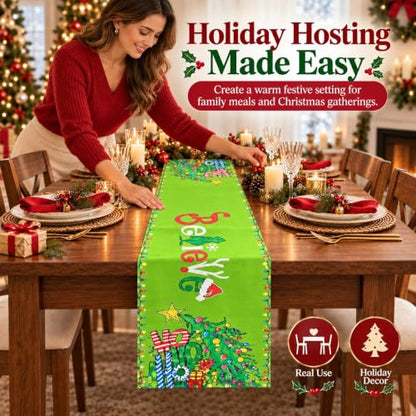 Christmas Green Linen Table Runner 13x72 Inch Holiday Decor