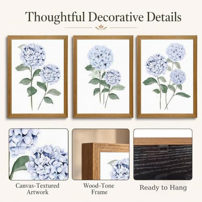 Framed Blue Hydrangea Wall Art Set - Botanical Floral Canvas Decor