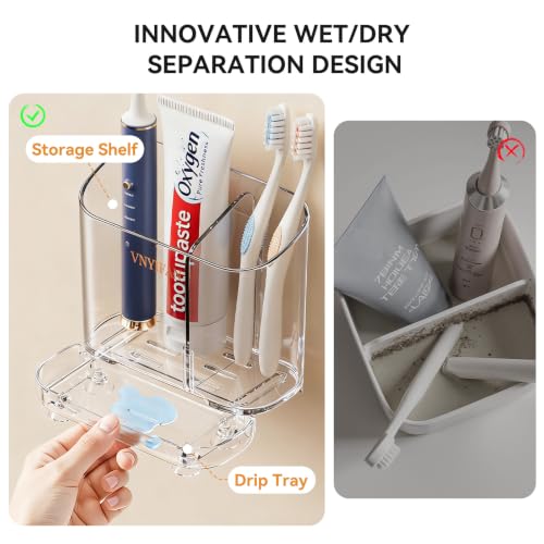 Clear Wall Mounted Electric Toothbrush Holder with 2 Slots & Removable Divider