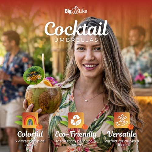 Tiki Bar Cocktail Umbrellas - 100 Pieces with Tropical Designs, Includes Classic Tiki Bar Variation