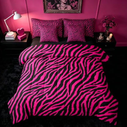 Pink Zebra Comforter Set with Sheets - Twin Size, 7-Piece Bed in a Bag, Hot Pink and Black, Kids Bedroom Bedding
