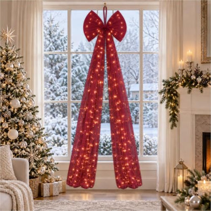 Burgundy Lighted Christmas Bow 71 Inch Tulle Tree Topper with Timer - Burgundy