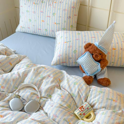 Kids Fish Duvet Cover Set Muslin Cotton Twin Blue Striped 4 Piece