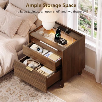 iPormis Walnut Fluted Nightstand with Charging Station, 2 Drawers & LED Glass – Walnut