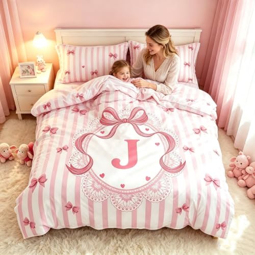 Pink Letter J Duvet Cover Set Twin Size Kids Bedding with Bow Design - Pink J Variation