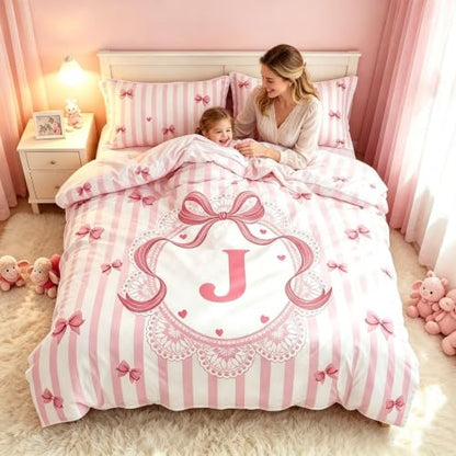 Pink Letter J Duvet Cover Set Twin Size Kids Bedding with Bow Design - Pink J Variation