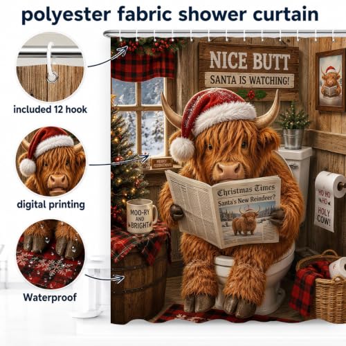 Christmas Highland Cow Theme Waterproof Shower Curtain Set with 12 Hooks - 72x72 In - Brownred