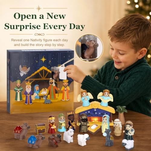 Kids Nativity Advent Calendar with Light Stable - Blue, 24 Days Christmas Countdown