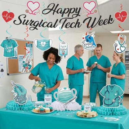 Surgical Tech Appreciation Decorations Set with Banner, Swirls & Honeycomb Centerpieces