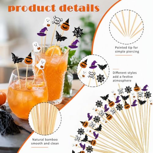 100PCS Halloween Skull Pumpkin Ghost Bat Food Skewers - Bamboo Cocktail Picks
