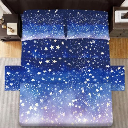 Full Size Galaxy 01 Blue 3D Star Sky Bed Sheet Set - Soft 4-Piece Dorm Bedding