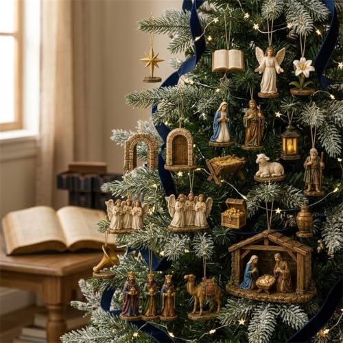 Nativity Christmas Advent Calendar Book-Style Pull-Out Drawer Set with 24 Mini Nativity Figurines - Holiday Tabletop Decor & Gift - Variation A