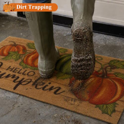 Hello Pumpkin Fall Door Mat - Orange 17x30 Low Profile Welcome Rug