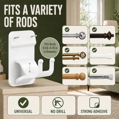 White No Drill Curtain Rod Brackets 8-Pack Adhesive Hooks with Invisible Nails