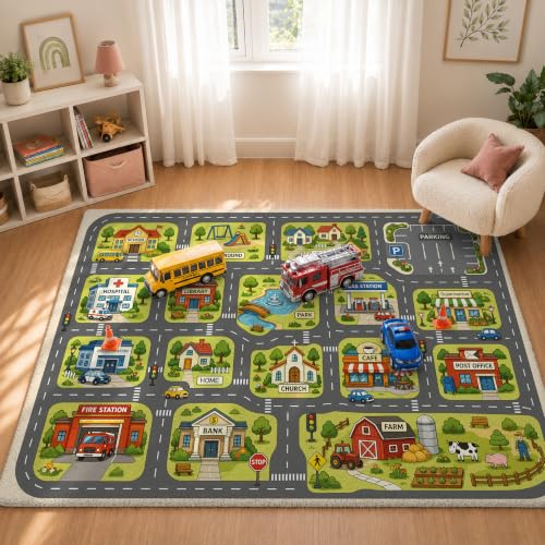 Kids Town Road Rug - Car Play Map Carpet for Playroom, 3 x 5 ft - Town Car Road Variation
