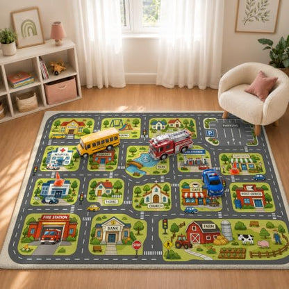 Kids Town Road Rug - Car Play Map Carpet for Playroom, 3 x 5 ft - Town Car Road Variation
