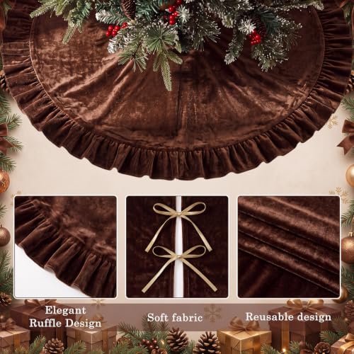 Velvet Christmas Tree Skirt 36 Inches Bow Style Brown - Holiday Decor