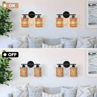 Merbotin 2 Light Rattan Vanity Light Boho Vanity Lighting Fixture Woven Bathroom Vanity Wall Light Coastal Tropical Bathroom Light, Rustic Natural Style Wall Mount Light for Bedroom Kitchen