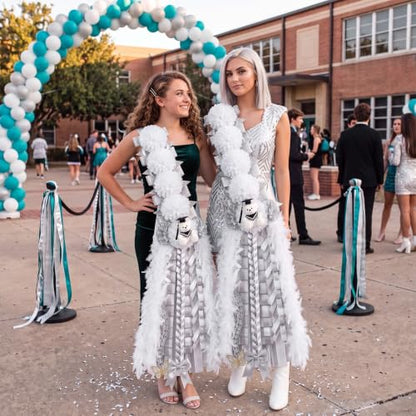 50-Inch Homecoming Mum Sash Flowers with Teddy Bear Bow Silver White