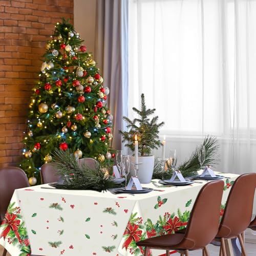 Christmas Tablecloth Holly and Pine Cone Waterproof Holiday Table Cover 108x54 Inch - 3 Pieces