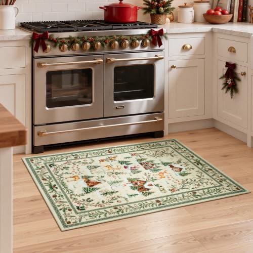 Beige Area Rug 2x3 Feet for Entryway, Kitchen & Bathroom - Christmas Design
