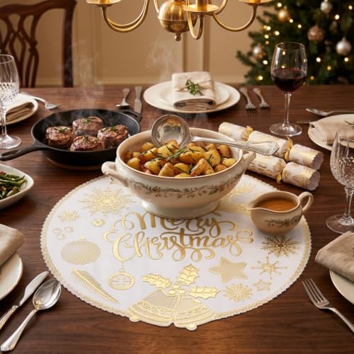 Christmas Placemats Set of 6 - Gold Merry Christmas Round Vinyl Easy Clean 15 Inch