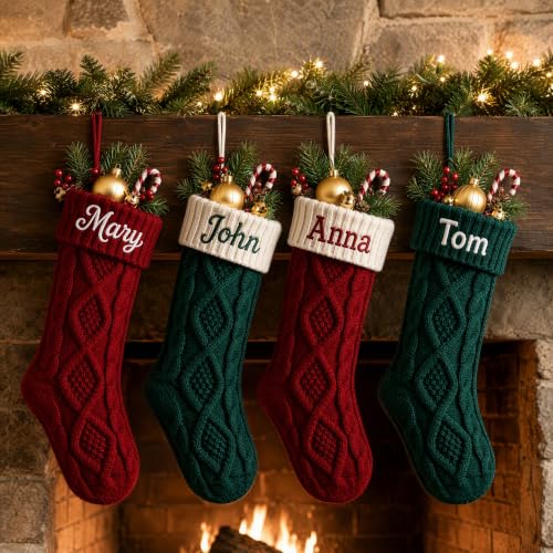 Personalized Christmas Stockings 18 Inch Cable Knit Custom Names - 7-Pack Knita-b