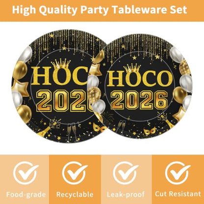 Black Gold HOCO 2026 Homecoming Decorations 96-Piece Party Set for 24 Guests