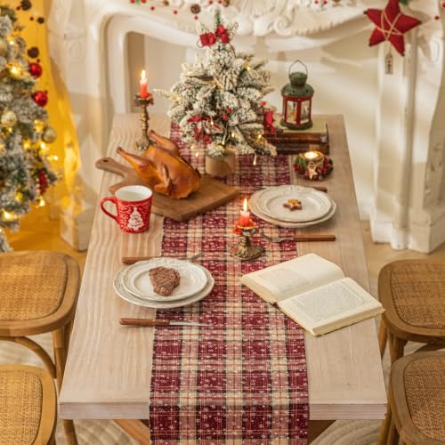 AQOTHES Red Snowflake Plaid Christmas Table Runner 13x108 Inches - Holiday Decor