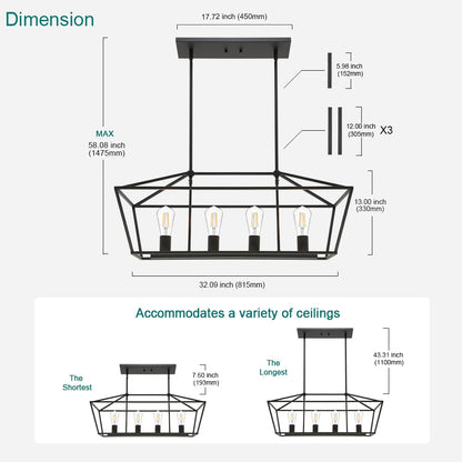 QueeuQ Black Farmhouse Kitchen Island Lighting, 4 Light Modern Linear Chandelier Industrial Dining Room Pendant Light Fixtures for Living Room Foyer Bar