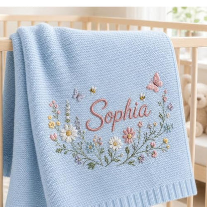 Baby Blanket Custom Embroidered Floral Knitted Nursery Throw - Style 1