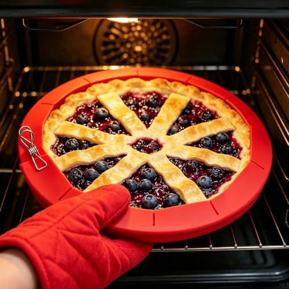Adjustable Silicone Pie Crust Shield - 2 Pack, Fits 8-11.4 Inch Pies, Red & Clip