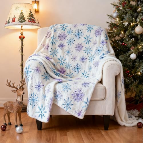 Christmas Snowflake Fuzzy Throw Blanket - Blue & Purple Watercolor Winter Decor, 50x60 Inch