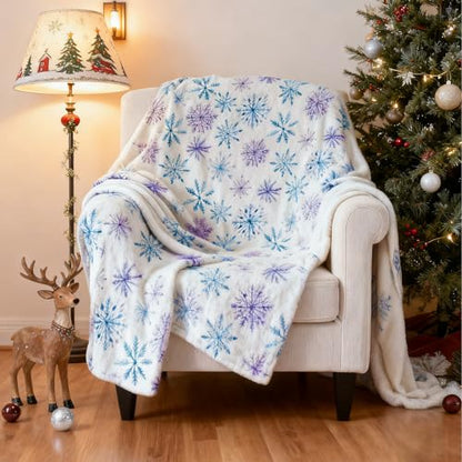 Christmas Snowflake Fuzzy Throw Blanket - Blue & Purple Watercolor Winter Decor, 50x60 Inch