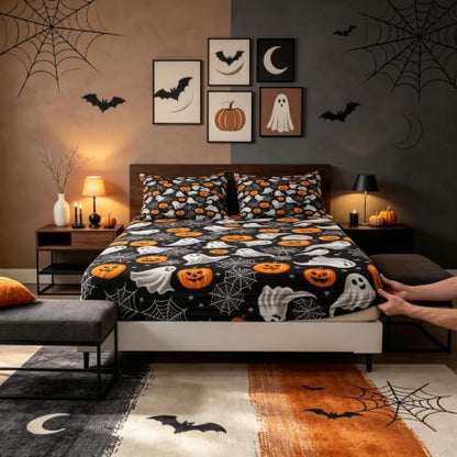Halloween Ghost Bed Sheets Set Queen Size Deep Pocket Bedding with Pumpkin & Spider Web - Dark Gray/Black