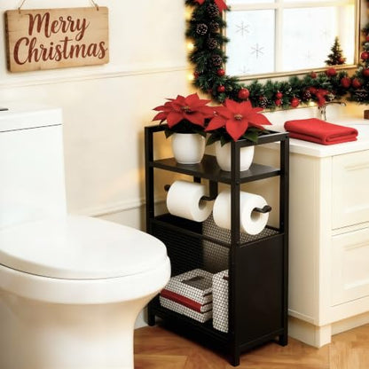 Black Freestanding Toilet Paper Holder Stand with Metal Mesh Basket and Storage