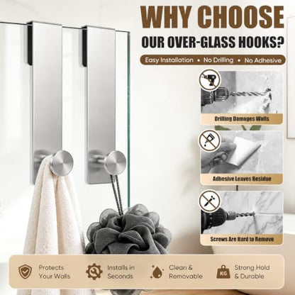 7.5 Inch Brushed Nickel Shower Door Hooks Set - Frameless Glass Towel Holders, 2 Pack