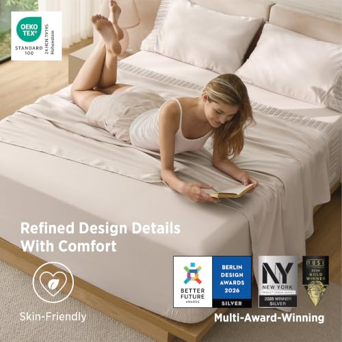 Bedsure Beige Deep Pocket King Sheets for 18-Inch Mattresses - Stay Put Design